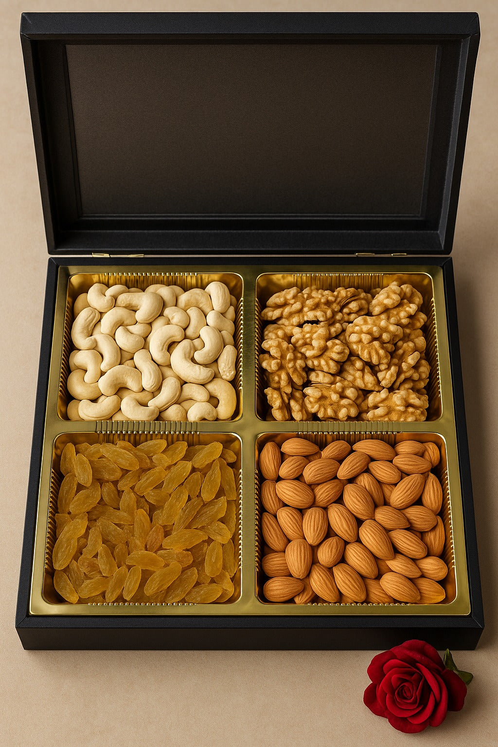 Premium 4-in-1 Dry Fruits Gift Box | 150g Each x 4 Compartments | Elegant Black Gifting Box | Kaju, Badam, Kishmish & Akhrot