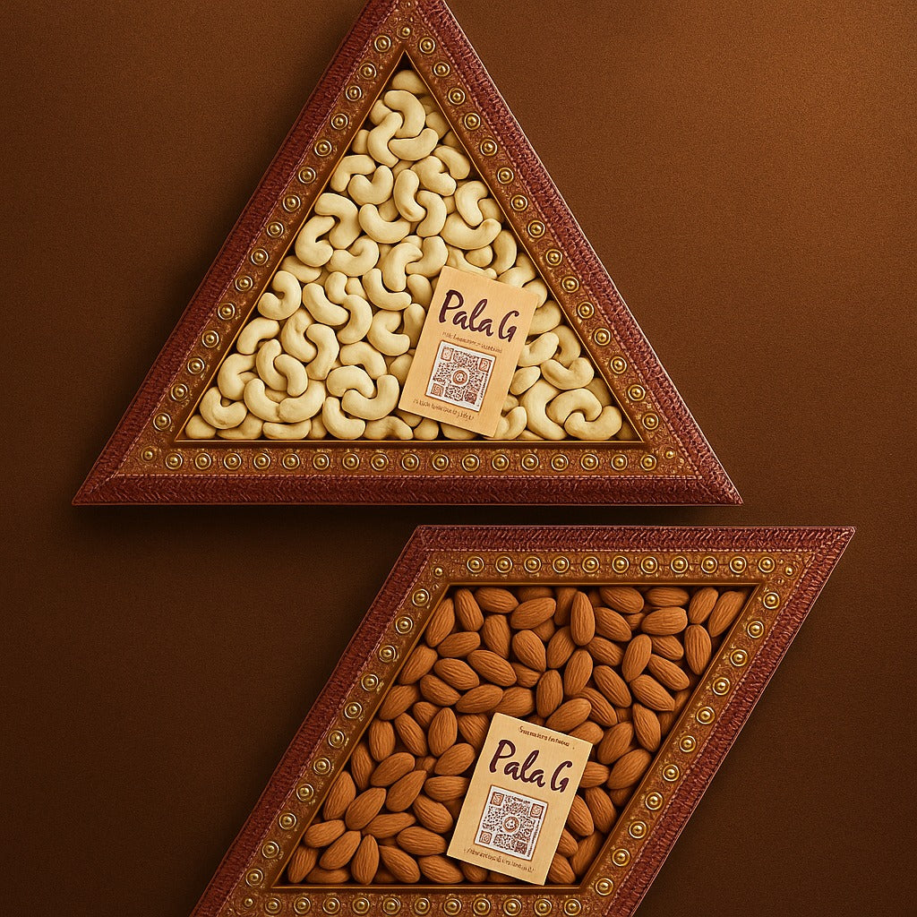 Festive Dry Fruits Gift Pack | 2 Dry Fruits in Decorative Triangle Boxes | 300g Each | Elegant Gifting Hamper