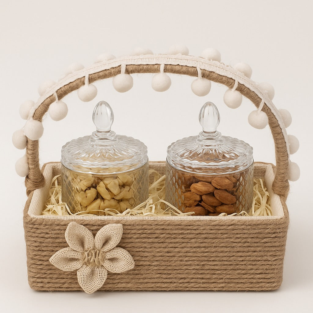 Rustic Gift Basket with 2 Glass Jars (180g Each) | Kaju & Badam | Premium Festive & Corporate Hamper