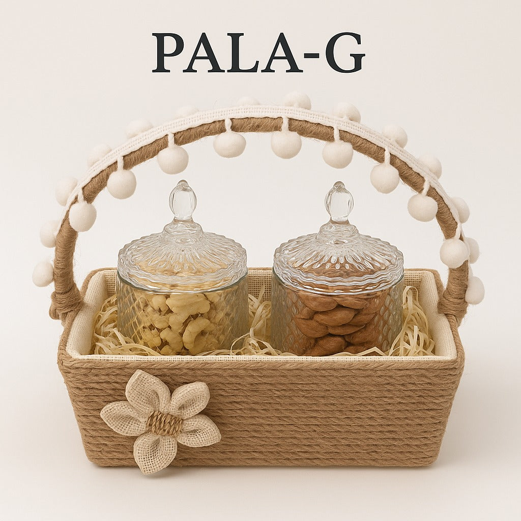 Rustic Gift Basket with 2 Glass Jars (180g Each) | Kaju & Badam | Premium Festive & Corporate Hamper