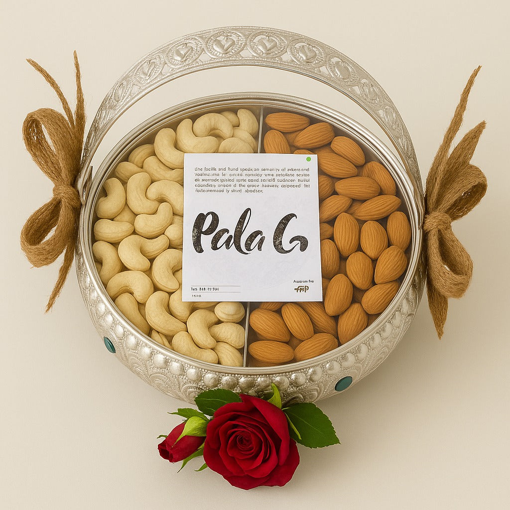 Silver Round Dry Fruit Gift Box | 250g Badam & 200g Kaju | Elegant Festive & Corporate Hamper