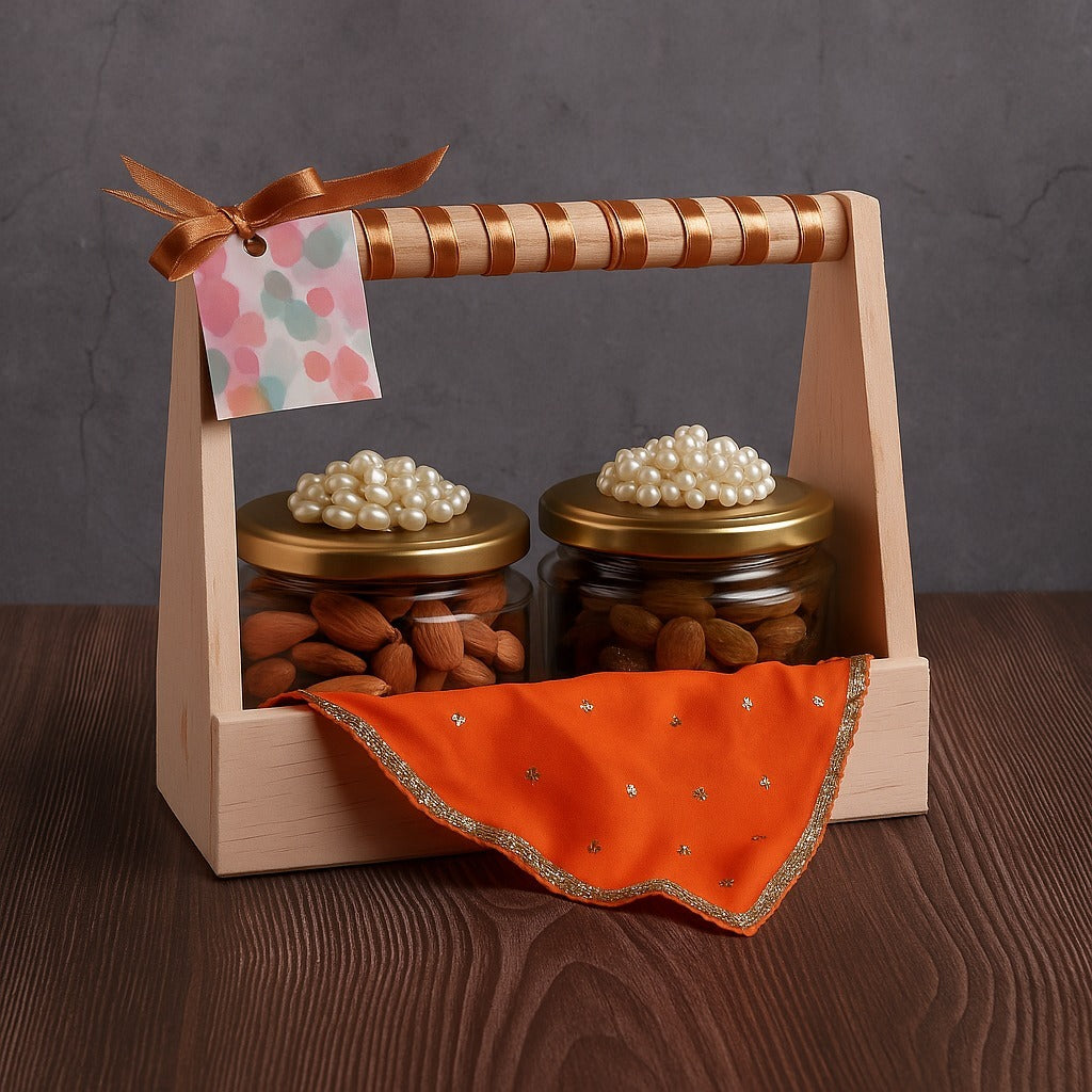 Wooden Basket Dry Fruit Gift – 2 Jars (Approx. 200g Each)
